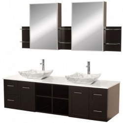 72 inch Double Bathroom Vanity in Espresso, White Man-Made Stone Countertop, Avalon White Carrera Marble Sinks, and Medicine Ca