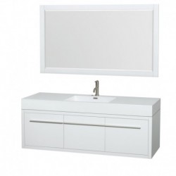 60 inch Single Bathroom Vanity in Glossy White, Acrylic Resin Countertop, Integrated Sink, and 58 inch Mirror