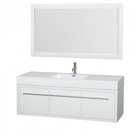 60 inch Single Bathroom Vanity in Glossy White, Acrylic Resin Countertop, Integrated Sink, and 58 inch Mirror