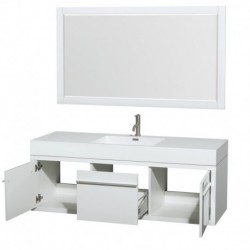 60 inch Single Bathroom Vanity in Glossy White, Acrylic Resin Countertop, Integrated Sink, and 58 inch Mirror