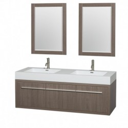 60 inch Double Bathroom Vanity in Gray Oak, Acrylic Resin Countertop, Integrated Sinks, and 24 inch Mirrors