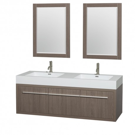 60 inch Double Bathroom Vanity in Gray Oak, Acrylic Resin Countertop, Integrated Sinks, and 24 inch Mirrors