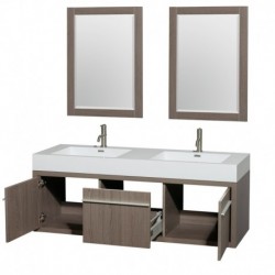 60 inch Double Bathroom Vanity in Gray Oak, Acrylic Resin Countertop, Integrated Sinks, and 24 inch Mirrors