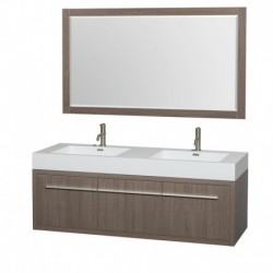 60 inch Double Bathroom Vanity in Gray Oak, Acrylic Resin Countertop, Integrated Sinks, and 58 inch Mirror