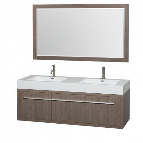 60 inch Double Bathroom Vanity in Gray Oak, Acrylic Resin Countertop, Integrated Sinks, and 58 inch Mirror