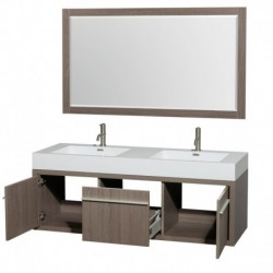60 inch Double Bathroom Vanity in Gray Oak, Acrylic Resin Countertop, Integrated Sinks, and 58 inch Mirror