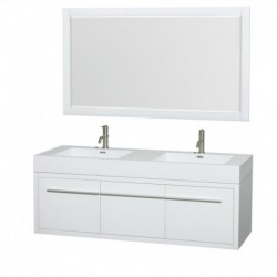 60 inch Double Bathroom Vanity in Glossy White, Acrylic Resin Countertop, Integrated Sinks, and 58 inch Mirror