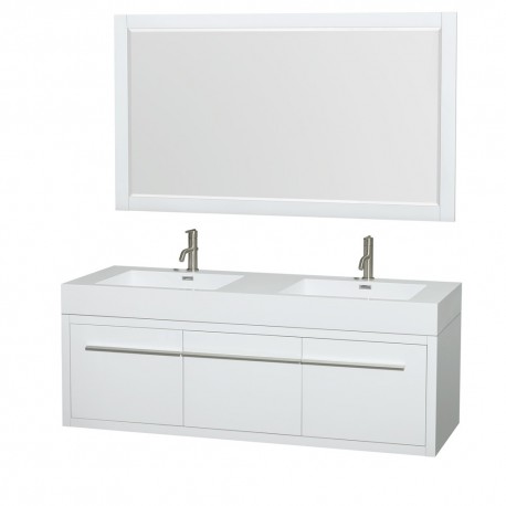 60 inch Double Bathroom Vanity in Glossy White, Acrylic Resin Countertop, Integrated Sinks, and 58 inch Mirror