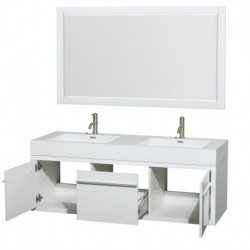 60 inch Double Bathroom Vanity in Glossy White, Acrylic Resin Countertop, Integrated Sinks, and 58 inch Mirror