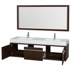 72 inch Double Bathroom Vanity in Espresso, Acrylic Resin Countertop, Integrated Sinks, and 70 inch Mirror