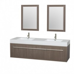 72 inch Double Bathroom Vanity in Gray Oak, Acrylic Resin Countertop, Integrated Sinks, and 24 inch Mirrors