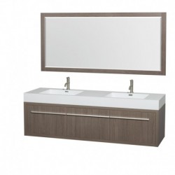 72 inch Double Bathroom Vanity in Gray Oak, Acrylic Resin Countertop, Integrated Sinks, and 70 inch Mirror