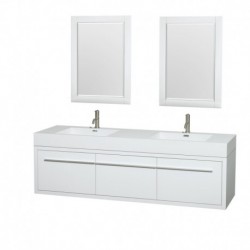 72 inch Double Bathroom Vanity in Glossy White, Acrylic Resin Countertop, Integrated Sinks, and 24 inch Mirrors