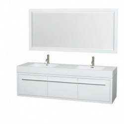 72 inch Double Bathroom Vanity in Glossy White, Acrylic Resin Countertop, Integrated Sinks, and 70 inch Mirror