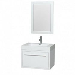 30 inch Single Bathroom Vanity in Glossy White, Acrylic Resin Countertop, Integrated Sink, and 24 inch Mirror