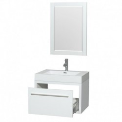 30 inch Single Bathroom Vanity in Glossy White, Acrylic Resin Countertop, Integrated Sink, and 24 inch Mirror