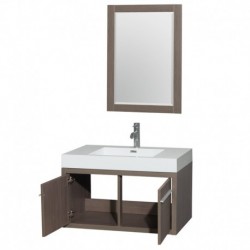 36 inch Single Bathroom Vanity in Gray Oak, Acrylic Resin Countertop, Integrated Sink, and 24 inch Mirror