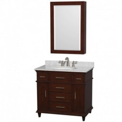 36 inch Single Bathroom Vanity in Dark Chestnut, White Carrera Marble Countertop, Undermount Round Sink, 24 inch Medicine Cabin