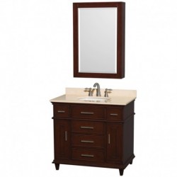 36 inch Single Bathroom Vanity in Dark Chestnut, Ivory Marble Countertop, Undermount Round Sink, 24 inch Medicine Cabinet