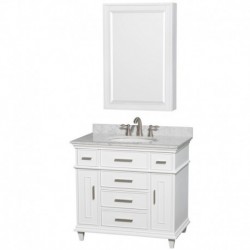 36 inch Single Bathroom Vanity in White, White Carrera Marble Countertop, Undermount Round Sink, 24 inch Medicine Cabinet
