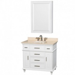 36 inch Single Bathroom Vanity in White, Ivory Marble Countertop, Undermount Round Sink, 24 inch Medicine Cabinet