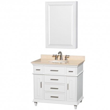 36 inch Single Bathroom Vanity in White, Ivory Marble Countertop, Undermount Round Sink, 24 inch Medicine Cabinet