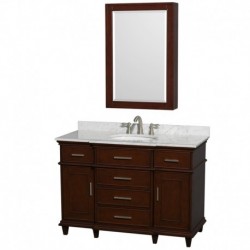 48 inch Single Bathroom Vanity in Dark Chestnut, White Carrera Marble Countertop, Undermount Round Sink, 24 inch Medicine Cabin