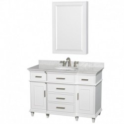48 inch Single Bathroom Vanity in White, White Carrera Marble Countertop, Undermount Round Sink, 24 inch Medicine Cabinet