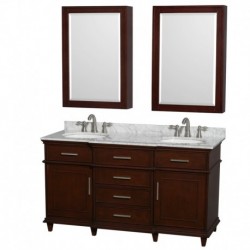 60 inch Double Bathroom Vanity in Dark Chestnut, White Carrera Marble Countertop, Undermount Round Sinks, 24 inch Medicine Cabi