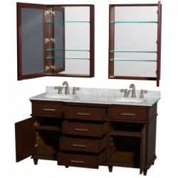60 inch Double Bathroom Vanity in Dark Chestnut, White Carrera Marble Countertop, Undermount Round Sinks, 24 inch Medicine Cabi