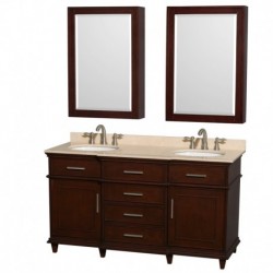 60 inch Double Bathroom Vanity in Dark Chestnut, Ivory Marble Countertop, Undermount Round Sinks, 24 inch Medicine Cabinets