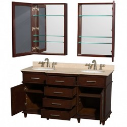 60 inch Double Bathroom Vanity in Dark Chestnut, Ivory Marble Countertop, Undermount Round Sinks, 24 inch Medicine Cabinets