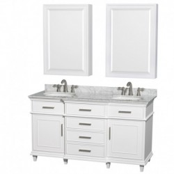 60 inch Double Bathroom Vanity in White, White Carrera Marble Countertop, Undermount Round Sinks, 24 inch Medicine Cabinets