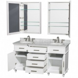 60 inch Double Bathroom Vanity in White, White Carrera Marble Countertop, Undermount Round Sinks, 24 inch Medicine Cabinets