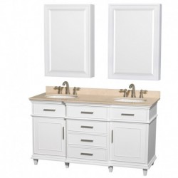 60 inch Double Bathroom Vanity in White, Ivory Marble Countertop, Undermount Round Sinks, 24 inch Medicine Cabinets