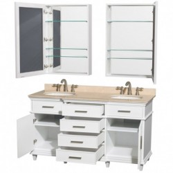 60 inch Double Bathroom Vanity in White, Ivory Marble Countertop, Undermount Round Sinks, 24 inch Medicine Cabinets