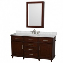 60 inch Single Bathroom Vanity in Dark Chestnut, White Carrera Marble Countertop, Undermount Round Sink, 24 inch Medicine Cabin