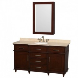 60 inch Single Bathroom Vanity in Dark Chestnut, Ivory Marble Countertop, Undermount Round Sink, 24 inch Medicine Cabinet