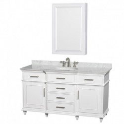 60 inch Single Bathroom Vanity in White, White Carrera Marble Countertop, Undermount Round Sink, 24 inch Medicine Cabinet