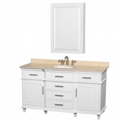 60 inch Single Bathroom Vanity in White, Ivory Marble Countertop, Undermount Round Sink, 24 inch Medicine Cabinet