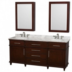 72 inch Double Bathroom Vanity in Dark Chestnut, White Carrera Marble Countertop, Undermount Round Sinks, 24 inch Medicine Cabi