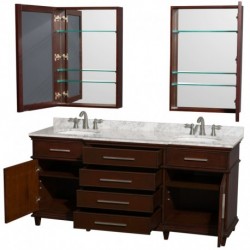 72 inch Double Bathroom Vanity in Dark Chestnut, White Carrera Marble Countertop, Undermount Round Sinks, 24 inch Medicine Cabi