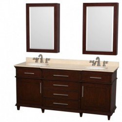 72 inch Double Bathroom Vanity in Dark Chestnut, Ivory Marble Countertop, Undermount Round Sinks, 24 inch Medicine Cabinets