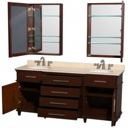 72 inch Double Bathroom Vanity in Dark Chestnut, Ivory Marble Countertop, Undermount Round Sinks, 24 inch Medicine Cabinets