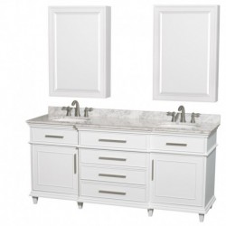 72 inch Double Bathroom Vanity in White, White Carrera Marble Countertop, Undermount Round Sinks, 24 inch Medicine Cabinets