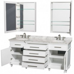 72 inch Double Bathroom Vanity in White, White Carrera Marble Countertop, Undermount Round Sinks, 24 inch Medicine Cabinets