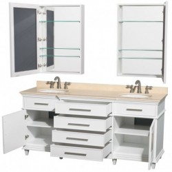 72 inch Double Bathroom Vanity in White, Ivory Marble Countertop, Undermount Round Sinks, 24 inch Medicine Cabinets