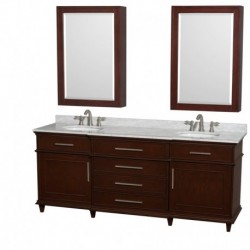 80 inch Double Bathroom Vanity in Dark Chestnut, White Carrera Marble Countertop, Undermount Round Sinks, 24 inch Medicine Cabi