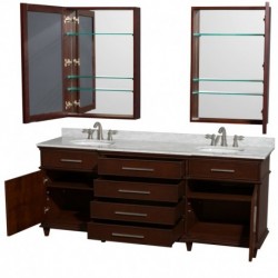 80 inch Double Bathroom Vanity in Dark Chestnut, White Carrera Marble Countertop, Undermount Round Sinks, 24 inch Medicine Cabi