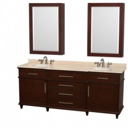 80 inch Double Bathroom Vanity in Dark Chestnut, Ivory Marble Countertop, Undermount Round Sinks, 24 inch Medicine Cabinets